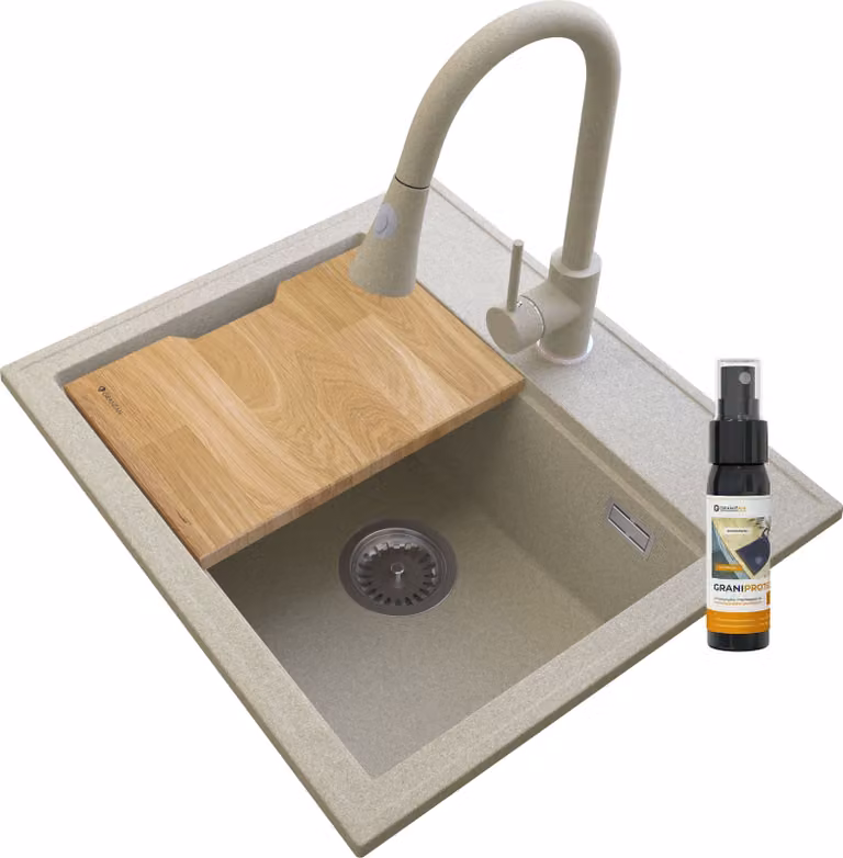 Granitan - Lavello in granito - Lavandino 56,5x50,5 cm - Lavello beige - con miscelatore - FOXAL