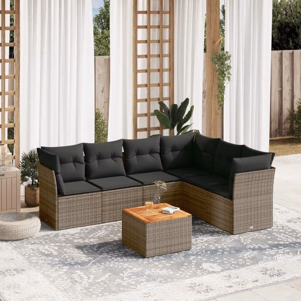 vidaXL Set Divani da Giardino 7 pz in Polyrattan con Cuscini e Tavolino, Design Moderno a L, Grigio e Marrone – 1