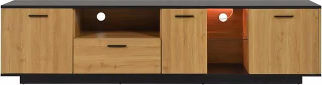 Mobile TV in MDF con 3 Ante, 1 Cassetto, 2 Ripiani in Vetro e LED RGB, Nero e Legno Naturale, 180x37x45 cm