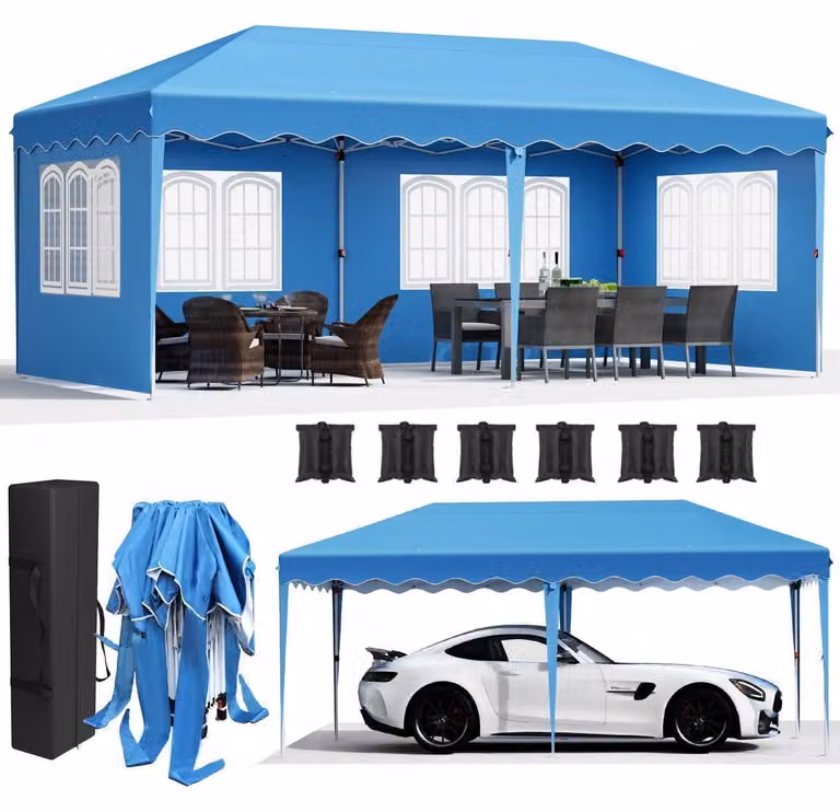 Gazebo da esterno 3x6 metri con 4 pannelli laterali, impermeabile, protezione UV 50+, colore blu cielo