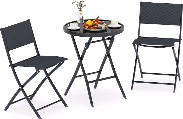 Set da bistrot COSTWAY, tavolo da bistrot con 2 sedie, set da balcone pieghevole, set di mobili da giardino a 3 pezzi, gruppo di sedute per esterni, mobili da balcone per piccoli balconi