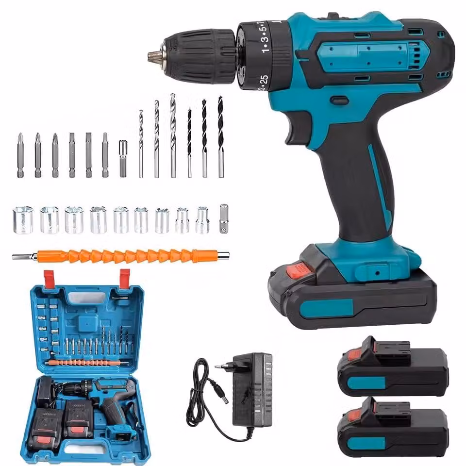Trapano a batteria senza fili con 2 batterie da 21 V, kit di perforazione elettrico da 40 Nm