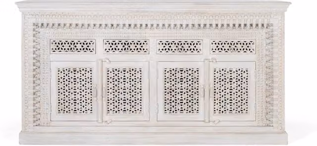 Credenza in legno di mango intagliato con motivo geometrico e finitura laccata bianca per la tua sala da pranzo