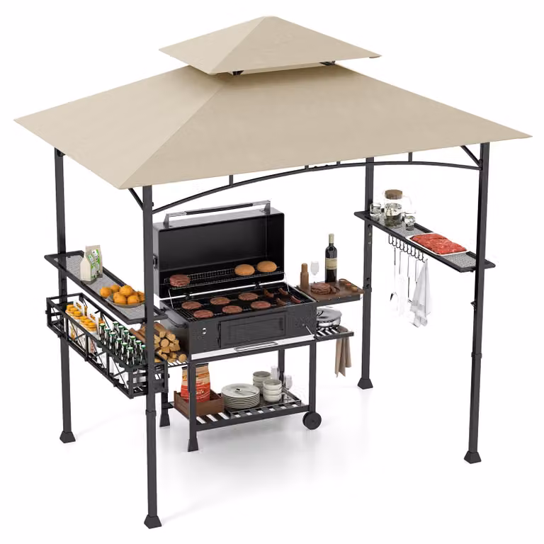 Gazebo per barbecue COSTWAY con doppio tetto, ripiani laterali, cestino in metallo, ganci e apribottiglie, copertura per barbecue resistente alle intemperie, 242x153x250 cm, beige