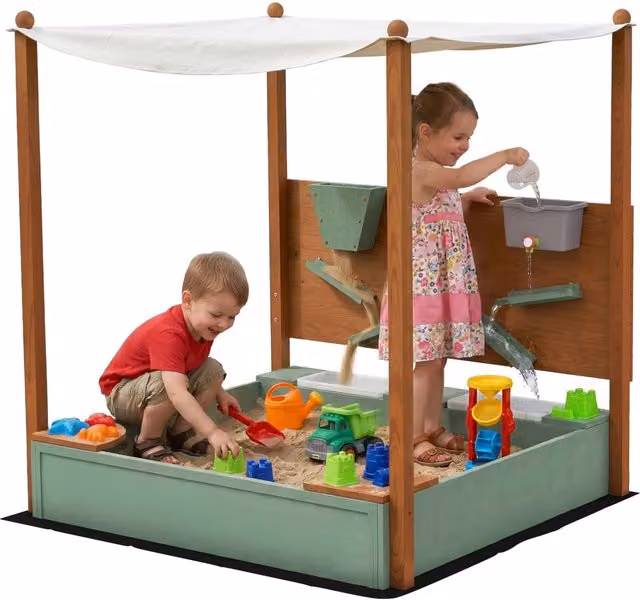 Sabbiera con tettoia per bambini ¨C Xylo ¨C 2 contenitori, legno abete, plastica, verde, 116x112,5x128 cm