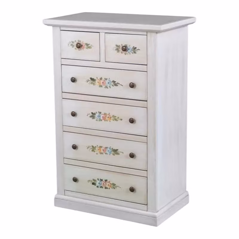 Cassettiera con 6 cassetti in legno stile shabby chic bianco anticato decorato floral Mobili 2G L: 62 cm, P: 37 cm, H: 93 cm – 1