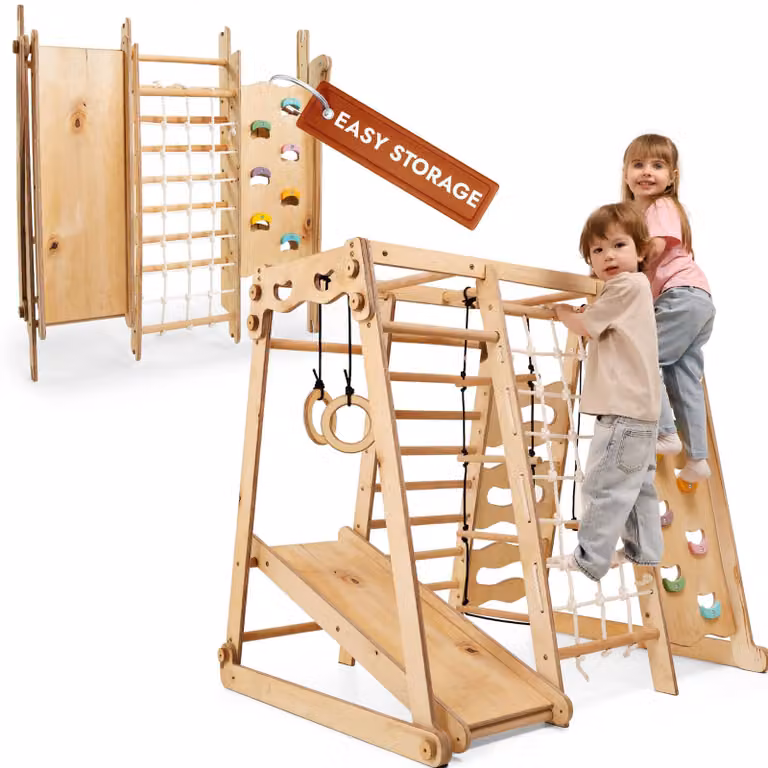 Struttura per arrampicata 9 in 1 migliorata per interni per bambini, struttura per arrampicata Montessori con scivolo, altalena, parete da arrampicata, triangolo da arrampicata - parco giochi per bambini