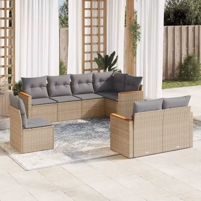 vidaXL Set Divano da Giardino a L in Polyrattan con Cuscini Beige e Grigio per 8 Persone