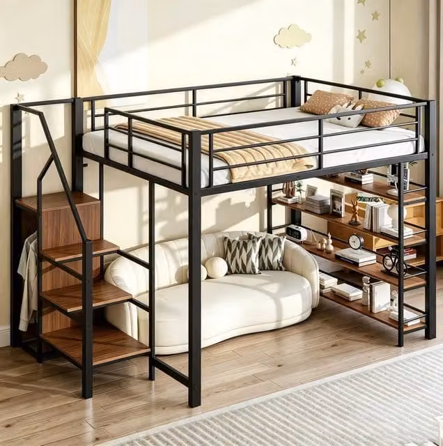 Letto rialzato in metallo 140 x 200 cm con scala contenitore; armadietto e ripiani; nero