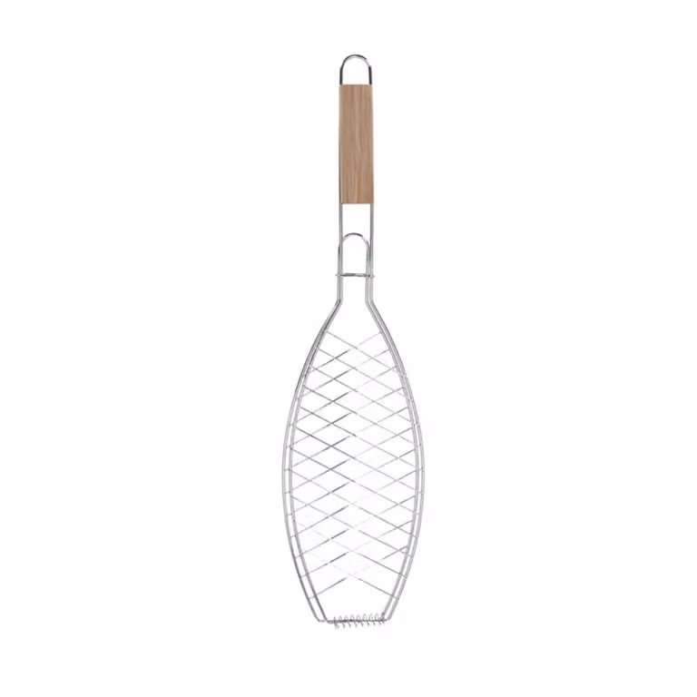 Esschert Design porta pesce da barbecue 58 cm in acciaio inox e legno di frassino