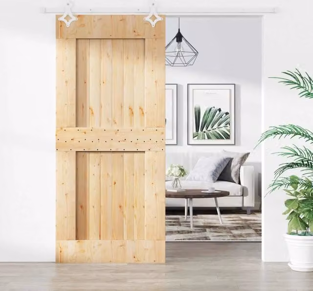 Porta scorrevole moderna vidaXL in legno e acciaio, Colore Naturale e Bianco, L: 90 cm, H: 210 cm