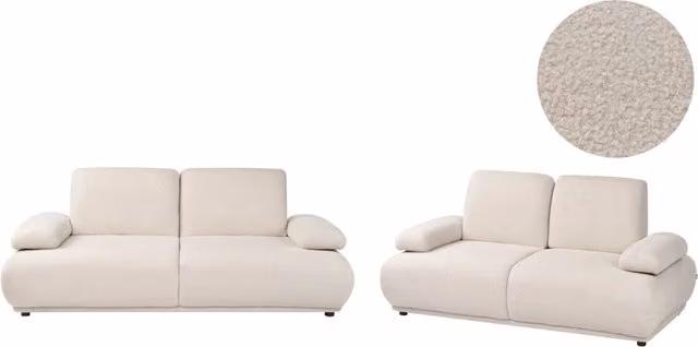 Set divano 3+2 posti rivestimento in bouclé beige gambe in legno schienale e braccioli regolabili arredamento per soggiorno