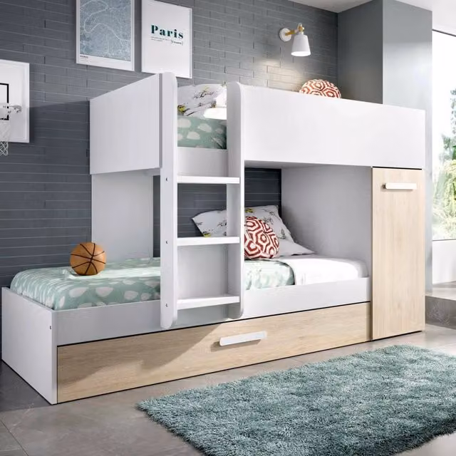 Letto a castello per bambini Hikaa DMORA con armadio e cassettiera, composizione completa per cameretta in Rovere e Bianco, L: 244 cm, H: 150 cm, P: 112 cm
