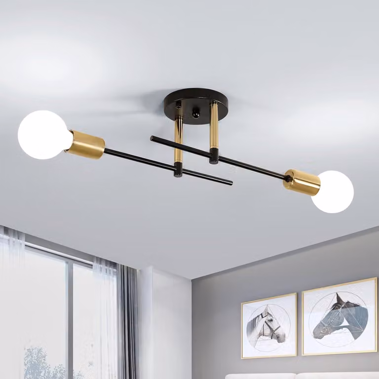 Lampada a soffitto a due luci, attacco E27, color oro, in ferro, ideale per la camera da letto