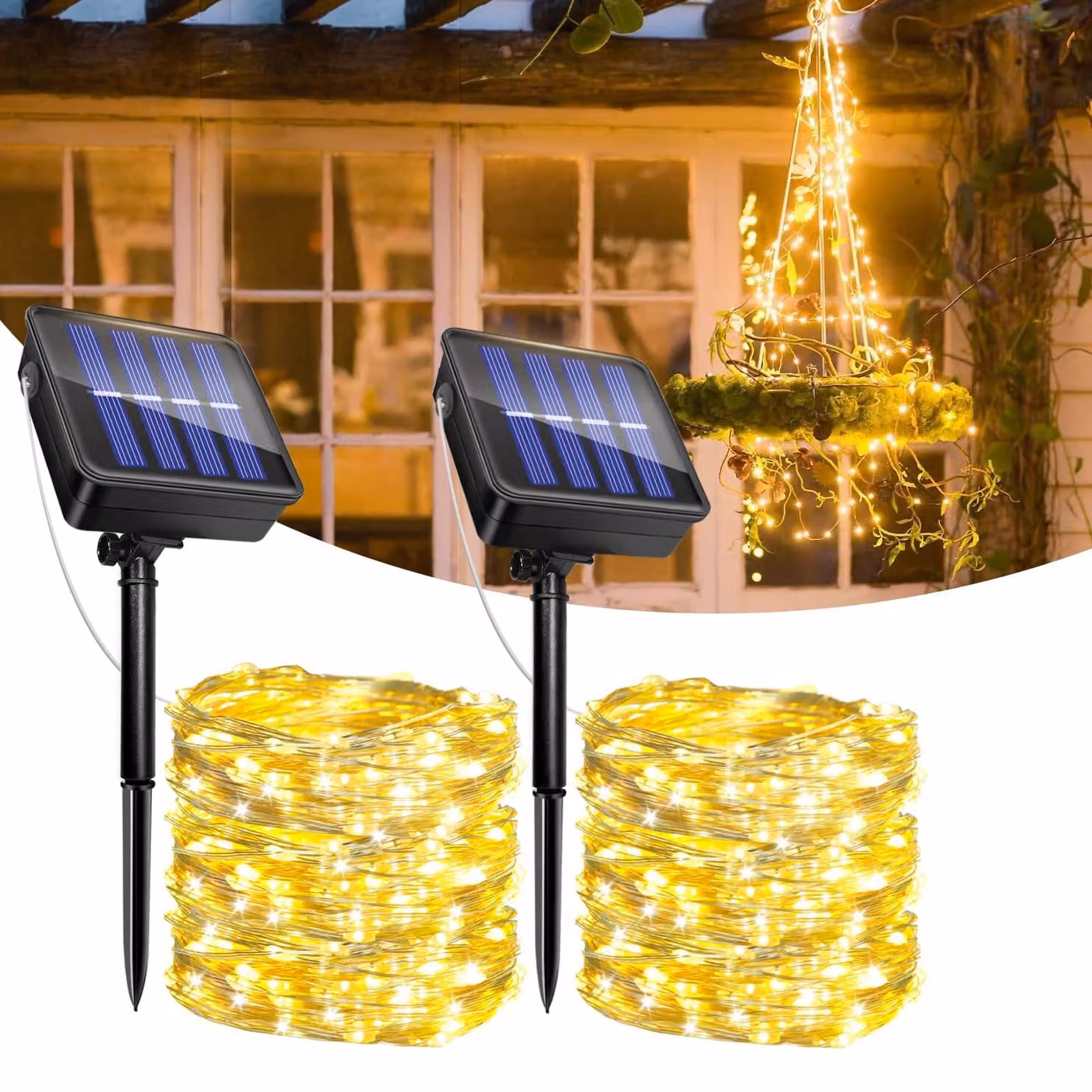 Catena luminosa solare, 2 x 12 metri, 120 LED, luce calda, 8 modalità, grado di protezione IP65