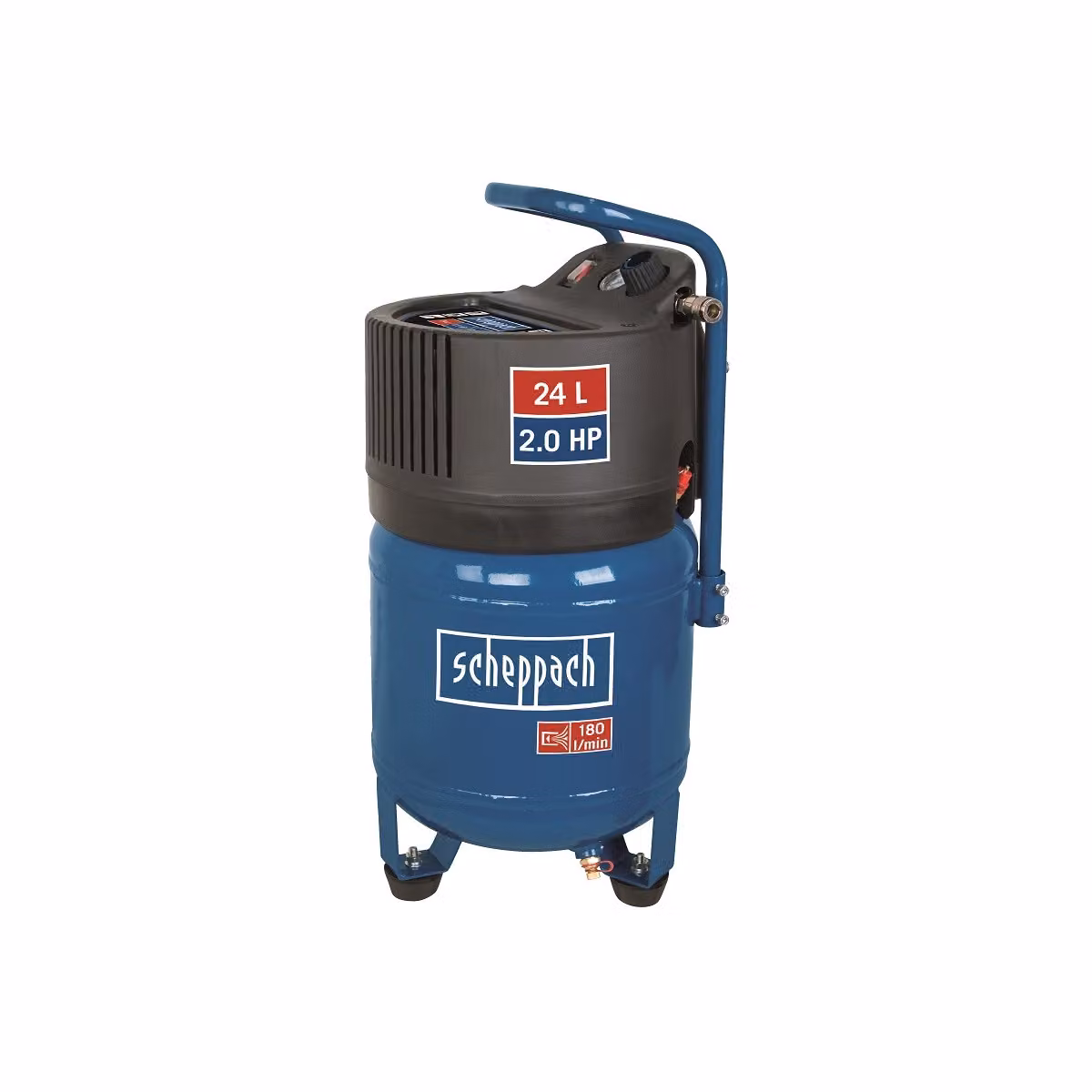 Compressore d'aria verticale Scheppach HC24V con maniglia di trasporto | serbatoio da 24L | 1500W | 10 bar | 180L/min | senza olio e a bassa manutenzione | manometro incluso