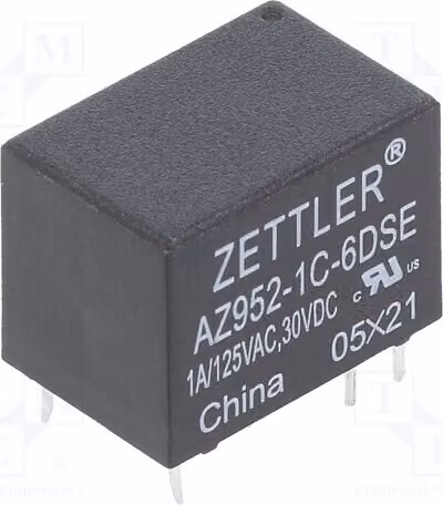2 relè: elettromagnetici, 1A/125VAC. Bobina: 6VDC, 180Ω. Modello: AZ952-1C-6DSE