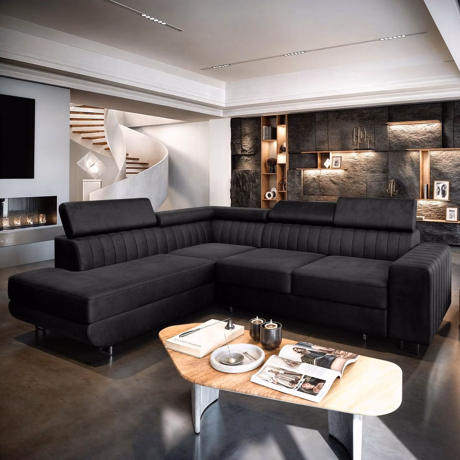Divano angolare NOLA L-S di Masseno con funzione letto a L, divano con box letto, divano da salotto, divano, divano letto, set di divani - nero, MONOLITH 95