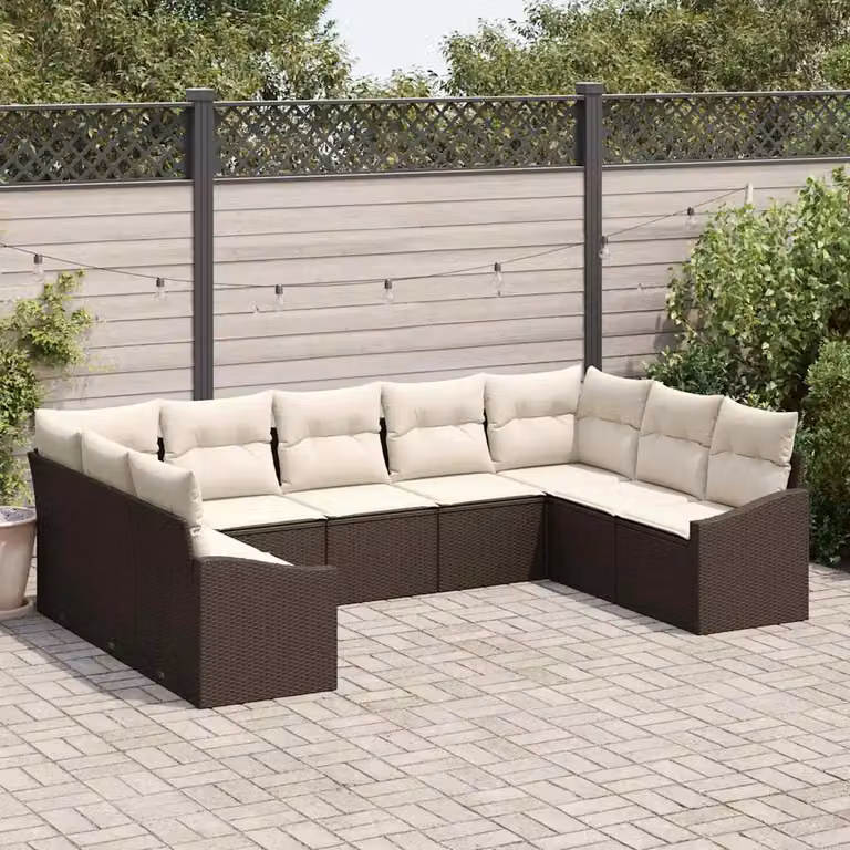 Set di divani da giardino vidaXL in polyrattan marrone con cuscini beige e struttura in metallo