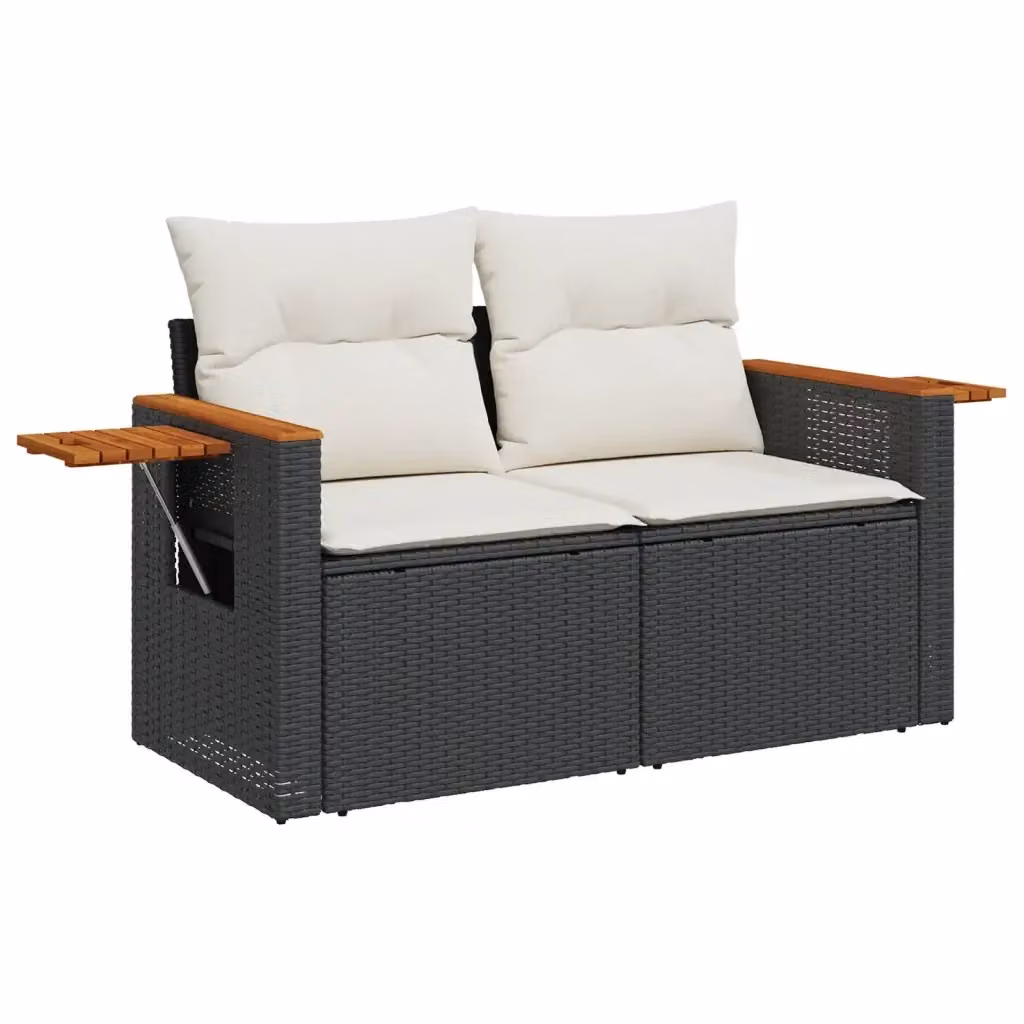Divano da giardino a 2 posti vidaXL in polyrattan con cuscini bianchi e neri e struttura in legno di acacia – 2