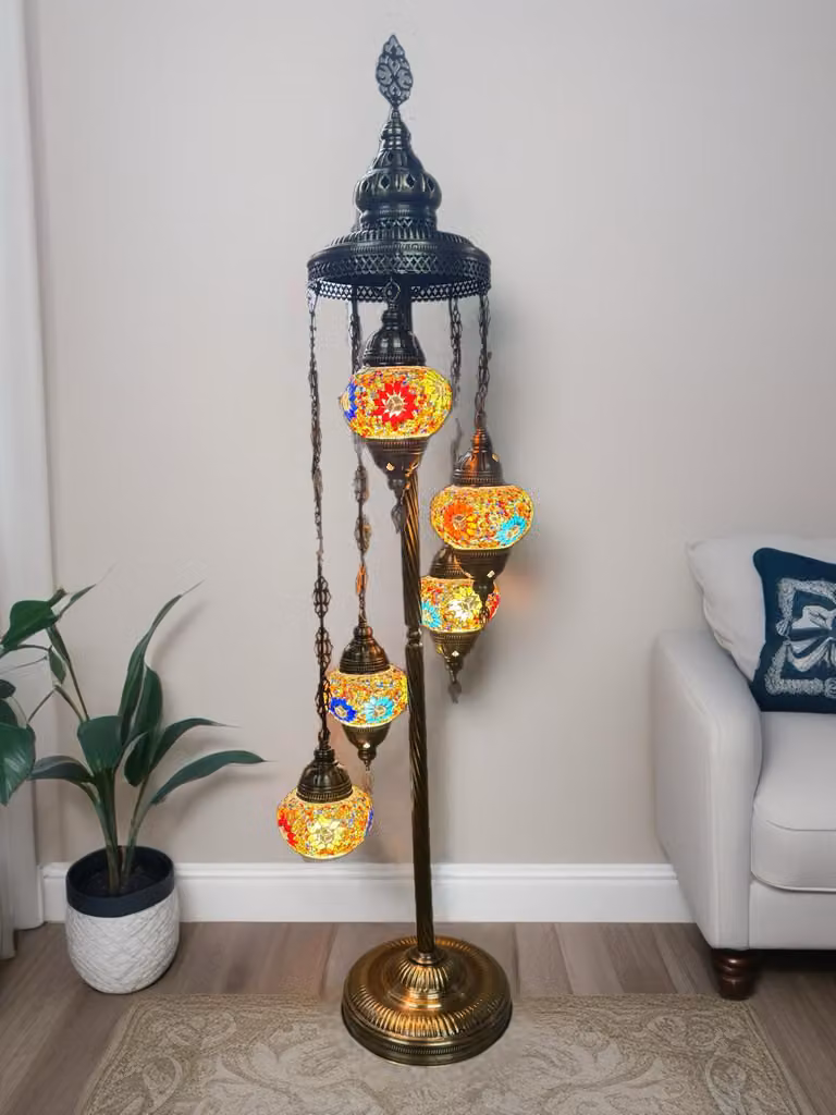 Lampada da terra turca con 5 sfere di vetro mosaico realizzate a mano – Lampada da salotto multicolore, altezza 120 cm