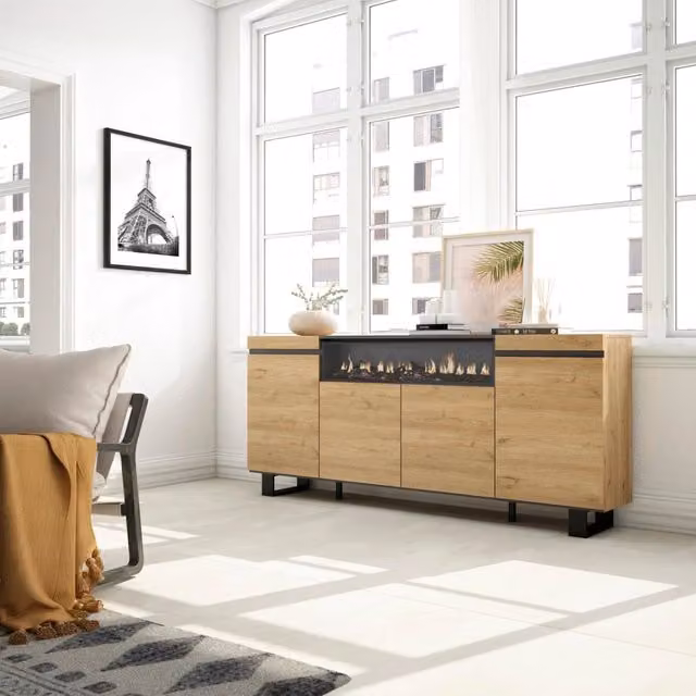 Credenza, Mobile, 200x35x87cm, 4 Porte, Camino elettrico, Design industriale, colore Rovere e nero RF2283