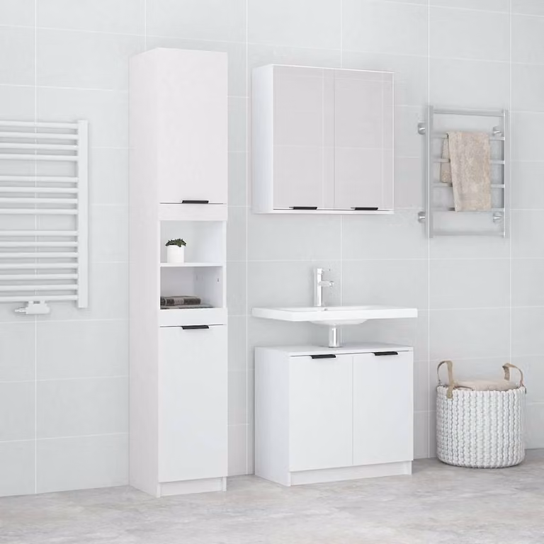 vidaXL Set di Mobili da Bagno Moderno 3 pz Bianco in Legno con Mobile Lavabo, Armadietto con Specchio e Colonna, L/P/H: 64.5 x 33.5 x 59.0 cm