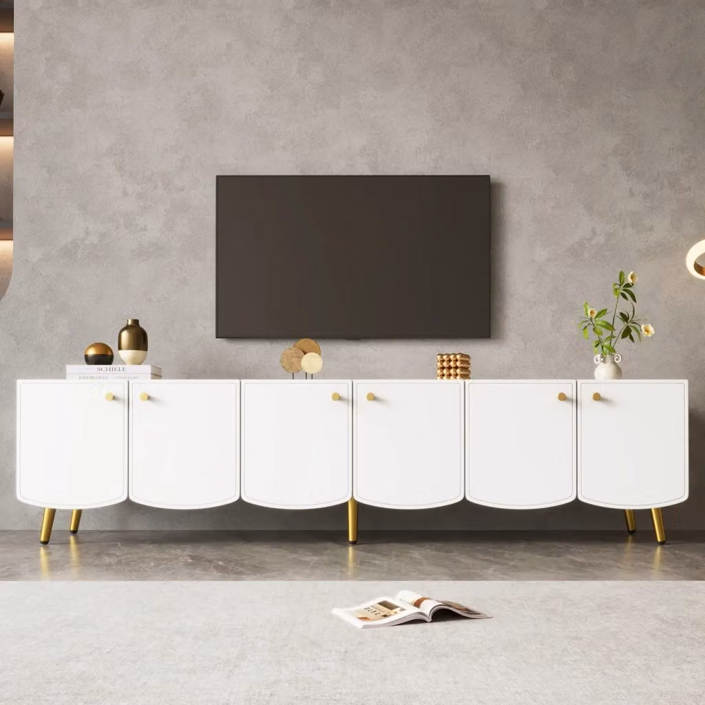 Mobile TV moderno FOLYNA con 6 ante in pannello bianco e oro e piedini in metallo L/P/H: 180 x 40 x 45 cm – 2