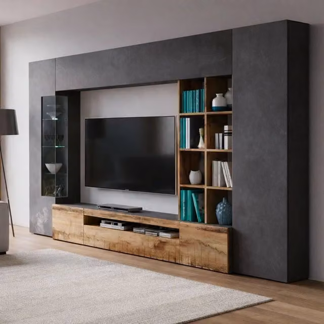 Parete attrezzata Andy DMORA con mobile porta TV e luce LED blu, colore Ardesia e Acero, L: 290 cm, P: 40 cm, H: 192 cm