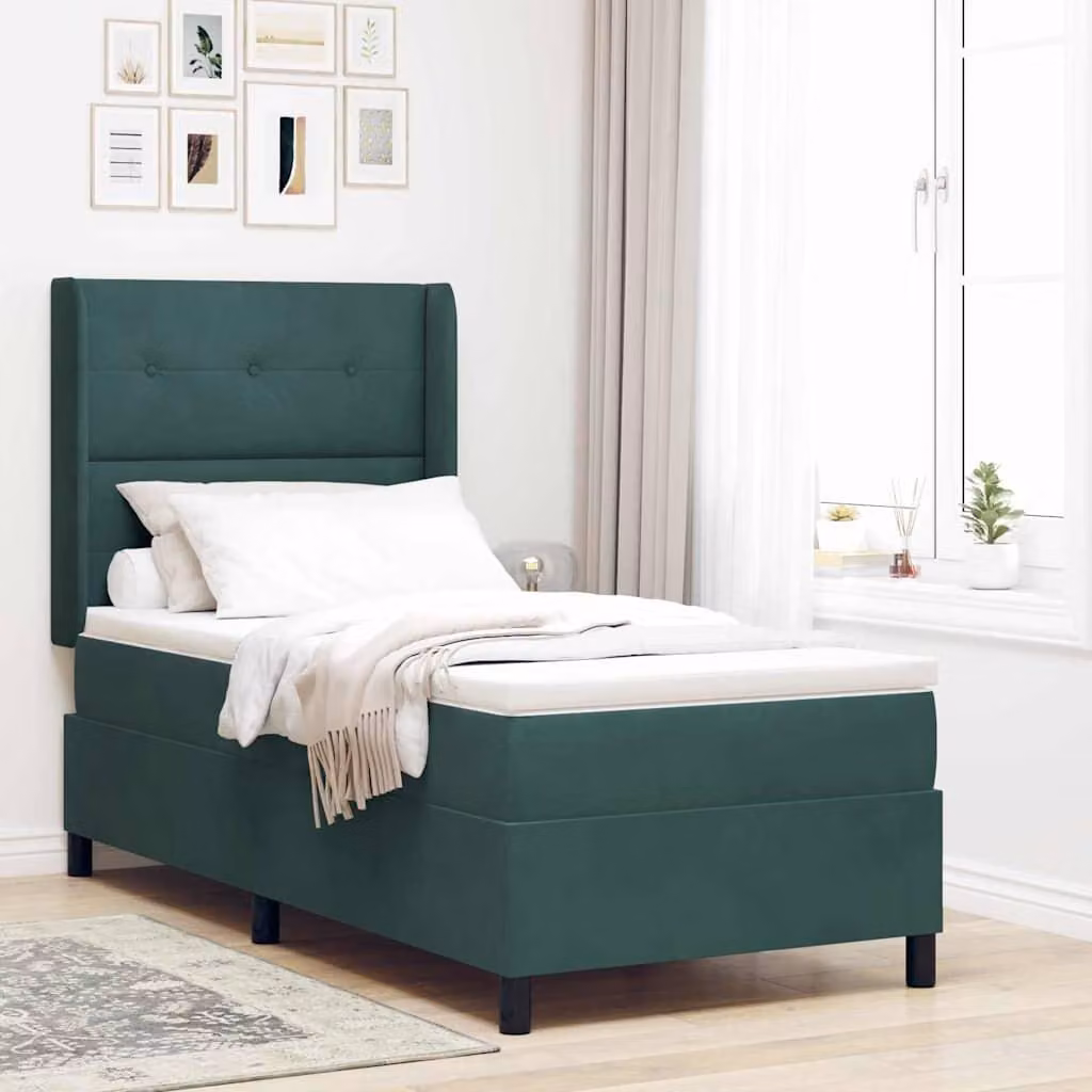 Letto con boxspring e strisce LED, colore verde scuro, 80 x 200 cm, rivestito in velluto