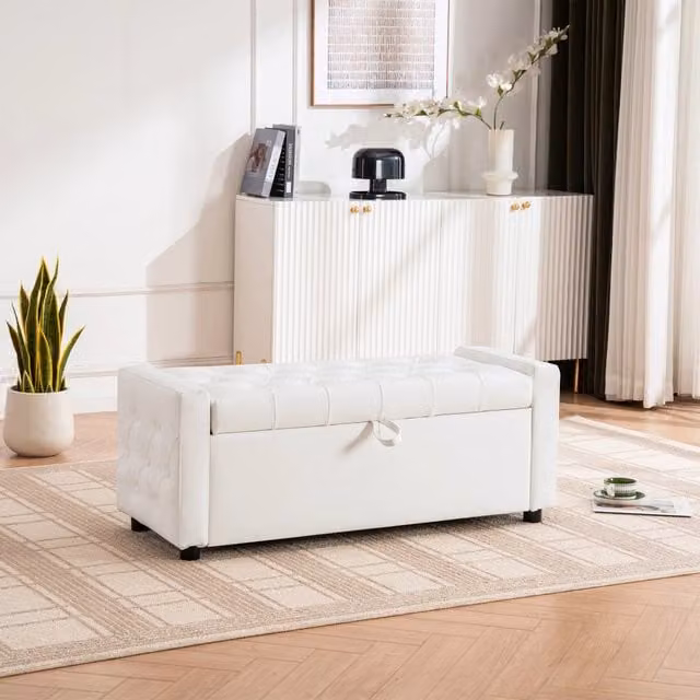 Panca contenitore rettangolare con seduta imbottita e vano portaoggetti, in legno e tessuto bianco 122 × 45 × 47 cm