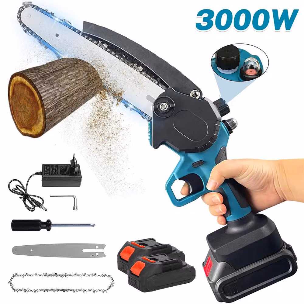 Troncatrice a catena - Troncatrice a catena a batteria - Lame da 20 cm - 3000 W - 2 batterie - Manico ergonomico antiscivolo - Dispositivo di sicurezza