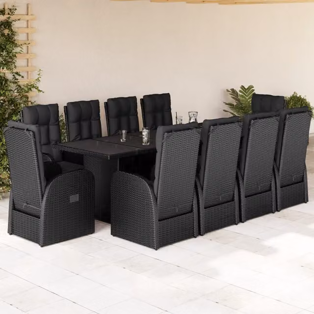 Set da pranzo da giardino vidaXL in polyrattan nero con tavolo in vetro, 11 pezzi