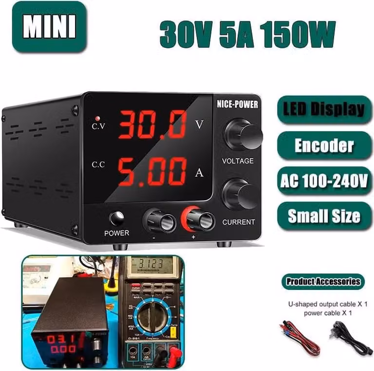 Mini alimentatore da laboratorio CC - SPS-E305 - Tensione regolabile 0-30 V - Corrente 0-5 A - Potenza 150 W - Display a LED - Ingresso ad ampio intervallo 120-370 VAC