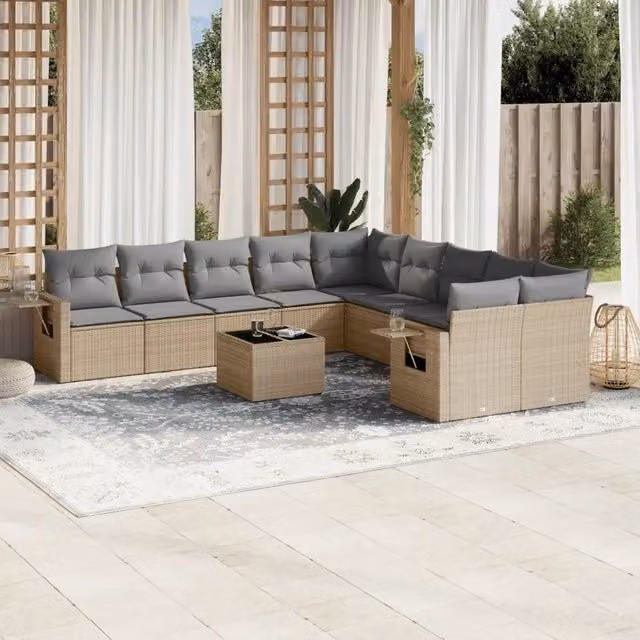 Set di Divani da Giardino vidaXL a Forma di U composto da 11 Pezzi con Cuscini Beige e Tavolino in Vetro