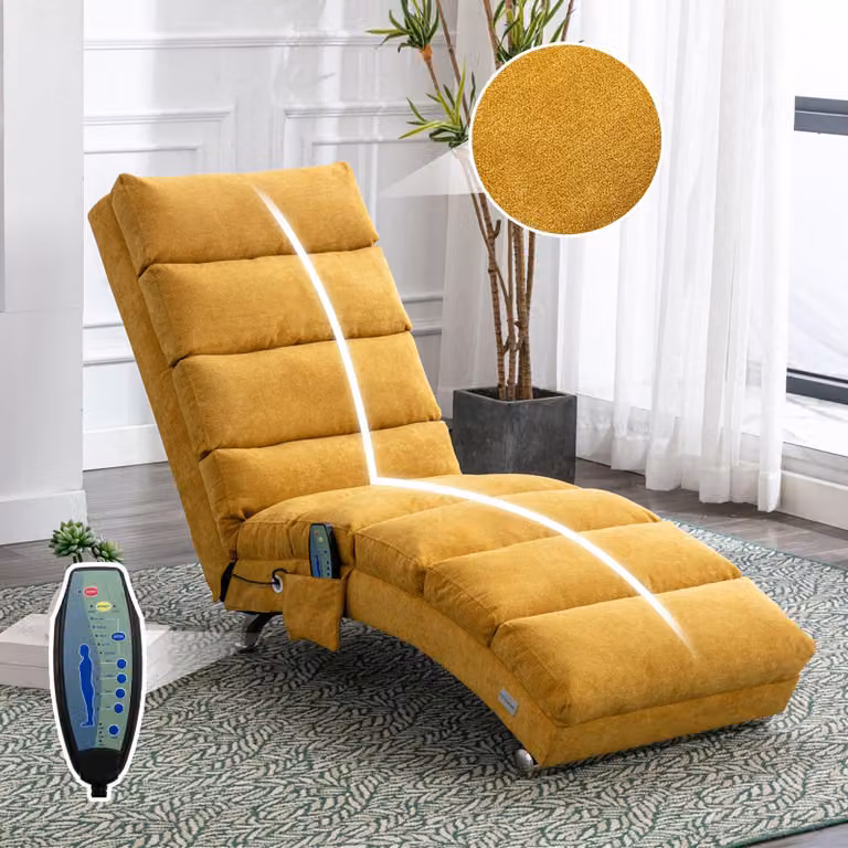 Poltrona relax, poltrona imbottita, divano reclinabile con funzione vibrante, sostegno per tutto il corpo, tasche laterali, design moderno, soggiorno, giallo senape