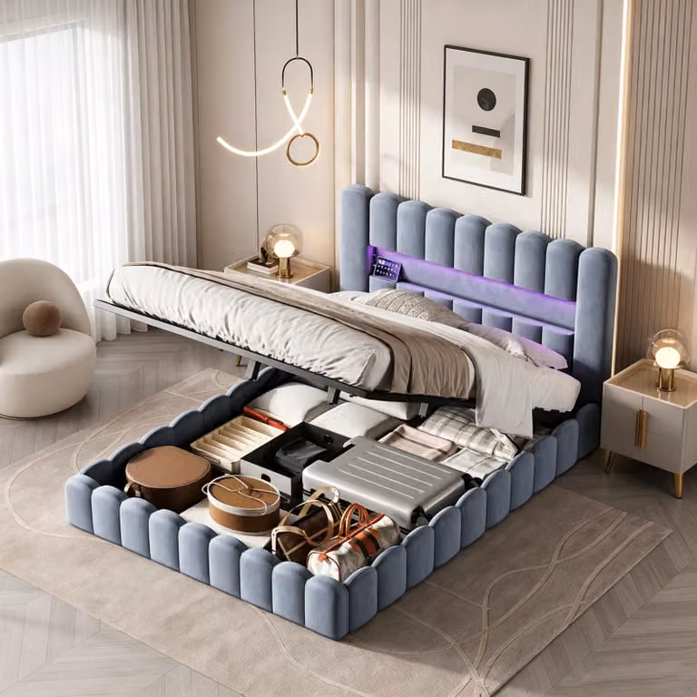 Letto imbottito INONEFT, 180x200 cm, con testiera LED e porta USB, letto matrimoniale, letto con box contenitore a sollevamento idraulico e rete a doghe, letto per ragazzi, in velluto, colore grigio