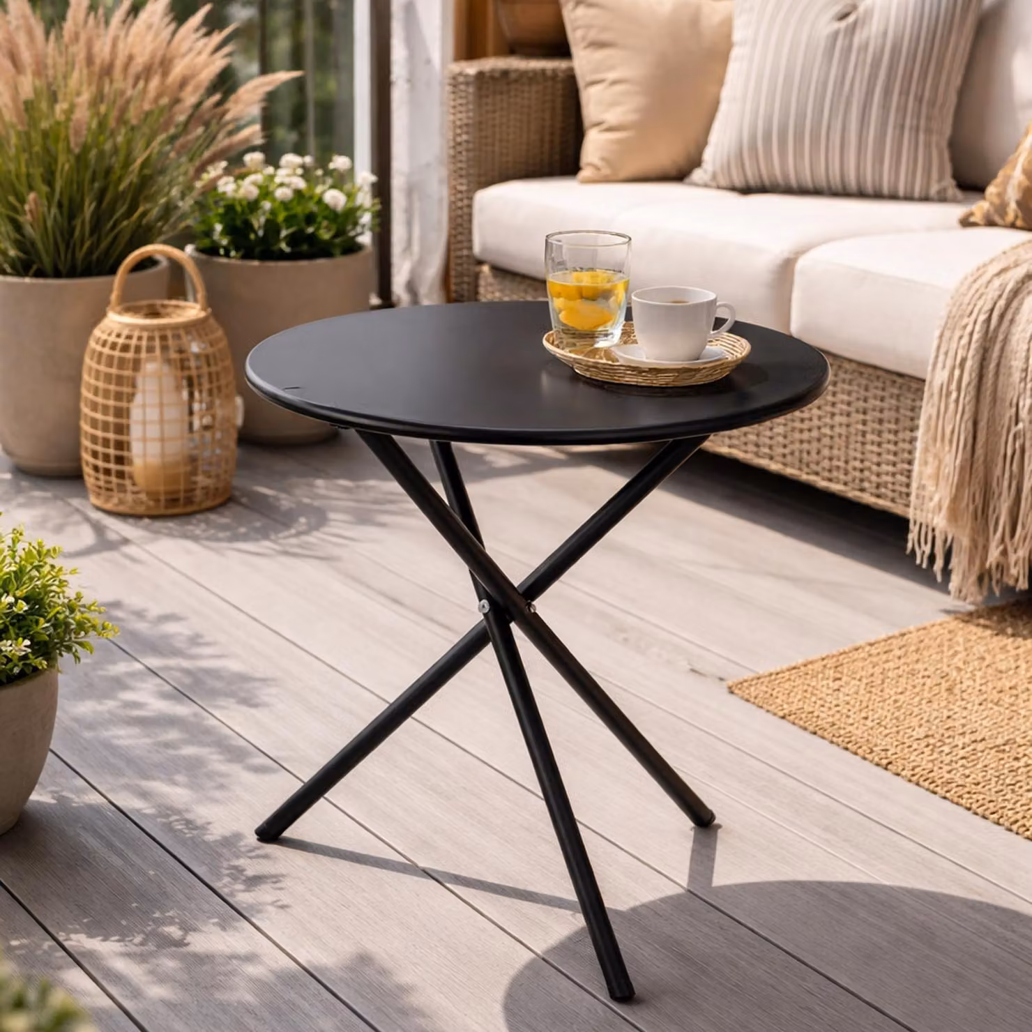 Tavolino da bistrot, da balcone o da salotto, rotondo, in acciaio nero, Ø48xH48 cm