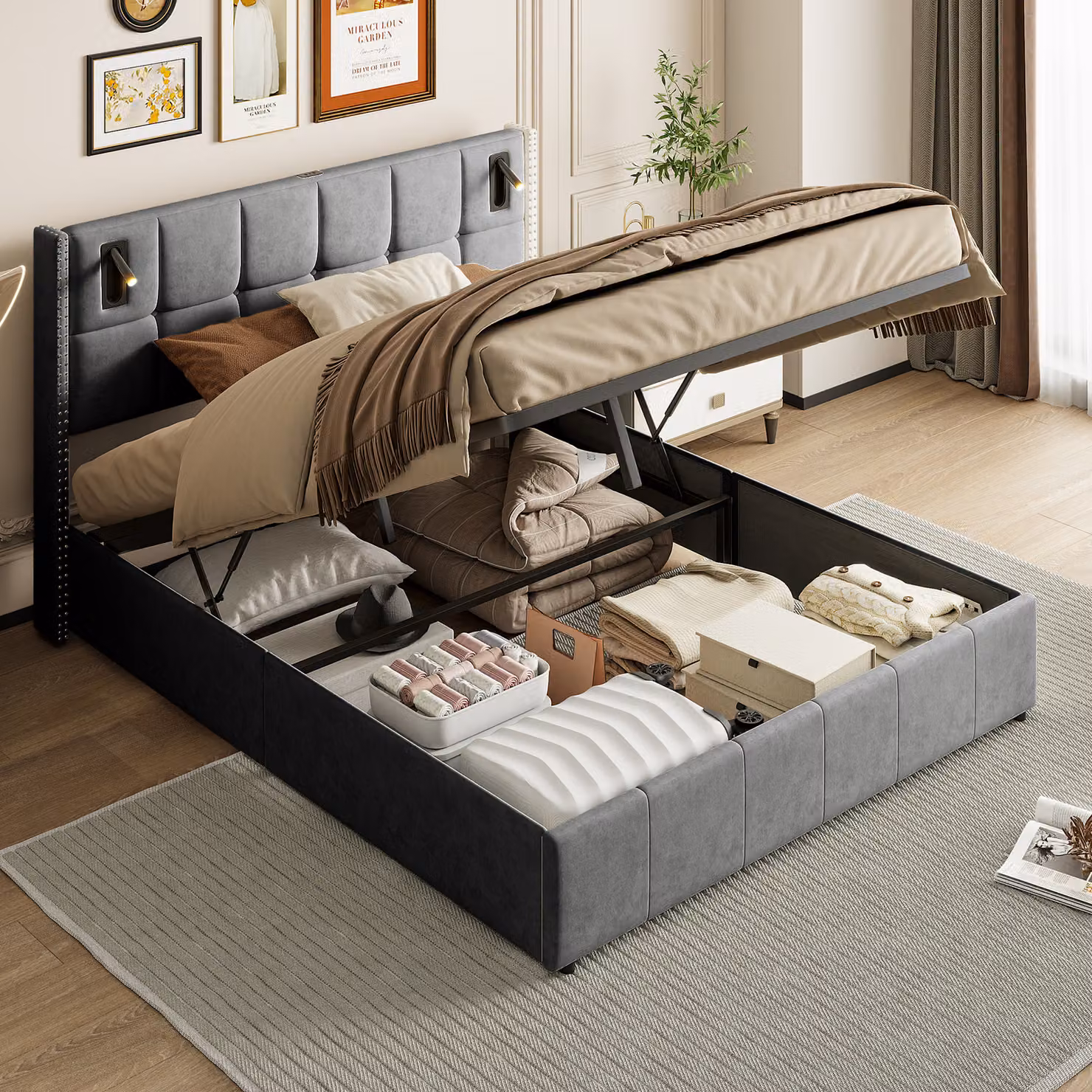 Letto imbottito ProximaX (140x200 cm), rete a doghe, letto a molle idrauliche con lampada da lettura, letto contenitore letto matrimoniale, rivestimento in velluto, grigio