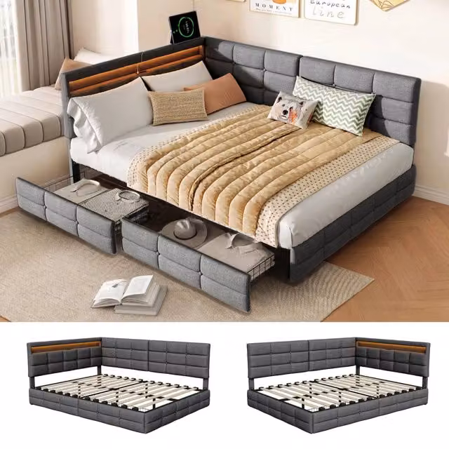 Divano letto matrimoniale 140x200 cm con 2 cassetti; letto imbottito con luce LED e USB; testiera in lino grigio scuro; letto a forma di L per ragazzi
