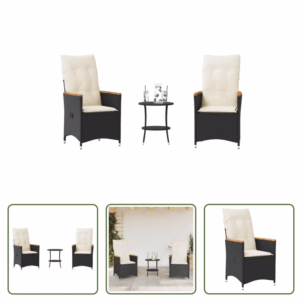 The Living Store Set bistrot 3 pezzi con cuscini in poly rattan nero