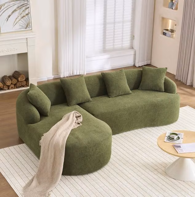 Divano curvo 3 posti in ciniglia verde; design ad arco; montaggio senza attrezzi
