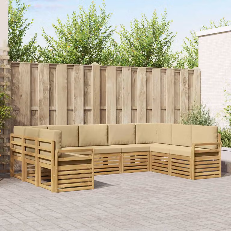 Set di divani ad angolo vidaXL in legno di acacia massello con cuscini beige e marroni per giardino e terrazzo