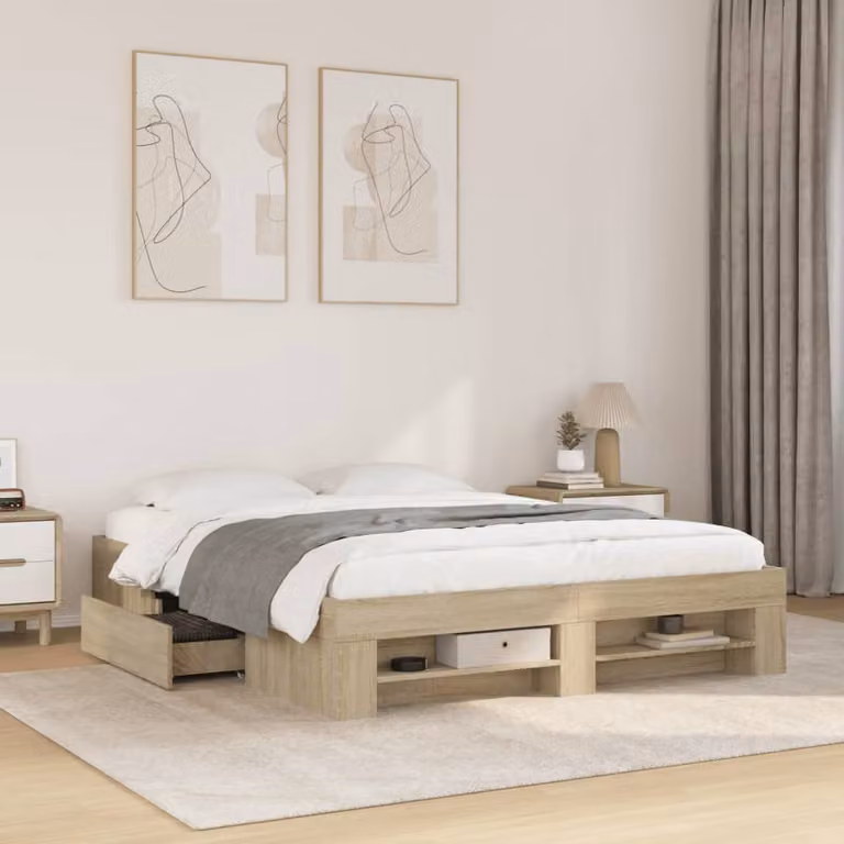 Giroletto senza materasso vidaXL in legno color rovere con doghe fisse L: 150 cm, P: 200 cm, H: 153 cm