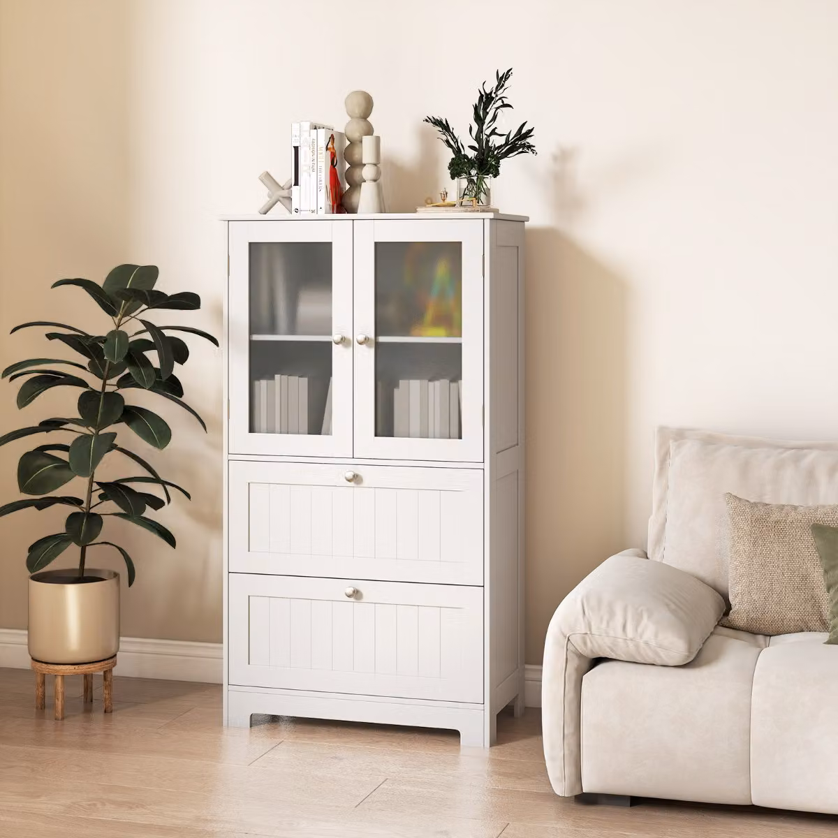 Costway Mobile da bagno e cucina autoportante con 2 cassetti, 2 ante e ripiani regolabili, Bianco