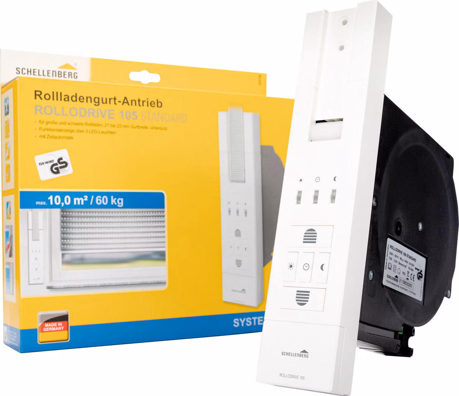 Schellenberg Avvolgitore elettrico per tapparelle da incasso RolloDrive 105 Standard, azionamento per tapparelle fino a 10 m² di superficie per cinghie di larghezza 23 mm, forza di trazione 60 kg, 22710