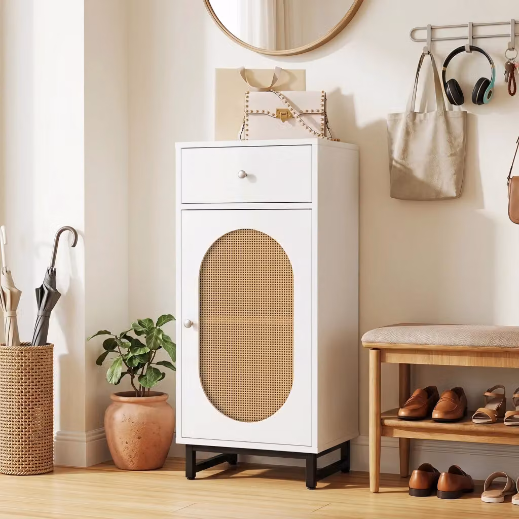Mobiletto di stoccaggio moderno in rattan e metallo con cassetto e ante soft-close, Armadietto da pavimento bianco L/P/H: 91 x 40 x 30 cm – 2