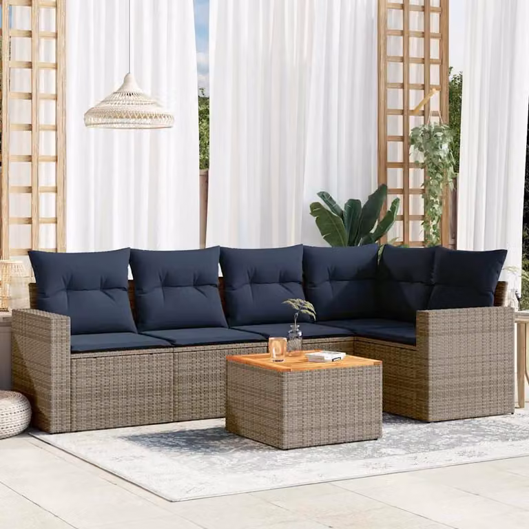 Set di divani da giardino vidaXL a forma di L composto da 6 pezzi in polyrattan grigio con cuscini inclusi e tavolino da esterno