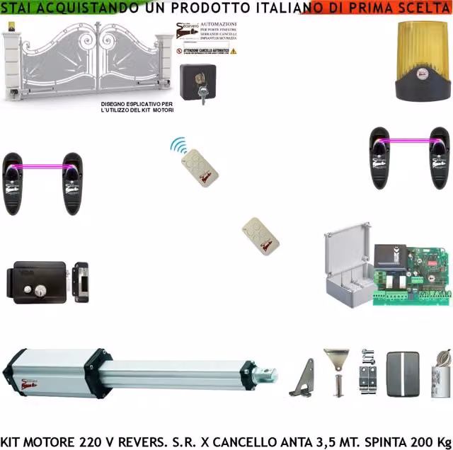 Automazione Per Cancello da 3,5 Metri Motore Elettromeccanico 230 V Stelo Retrattile Reversibile Corsa 600 mm Spinta 250 Kg Centrale 2 Radiocomandi 2 Coppie Fotocellule Faro Elettroserratura Selettore