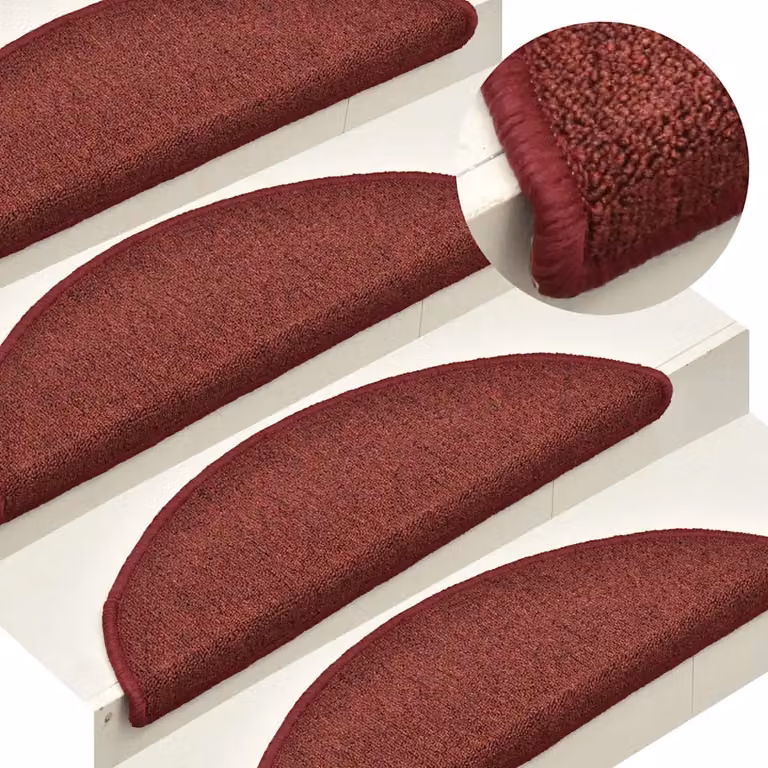 Set di 15 tappetini per scale semicircolari vidaXL in velour bordeaux, antiscivolo e fonoassorbente, L: 56 cm, H: 3 cm